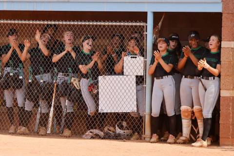 Palo Verde cheers during the first inning of a softball game against Centennial in the Class 5A ...