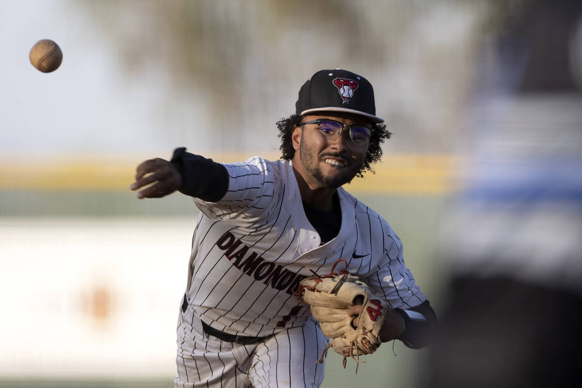 Desert Oasis pitcher Adrian Mejia throws to Basic during a high school Class 5A Southern Region ...