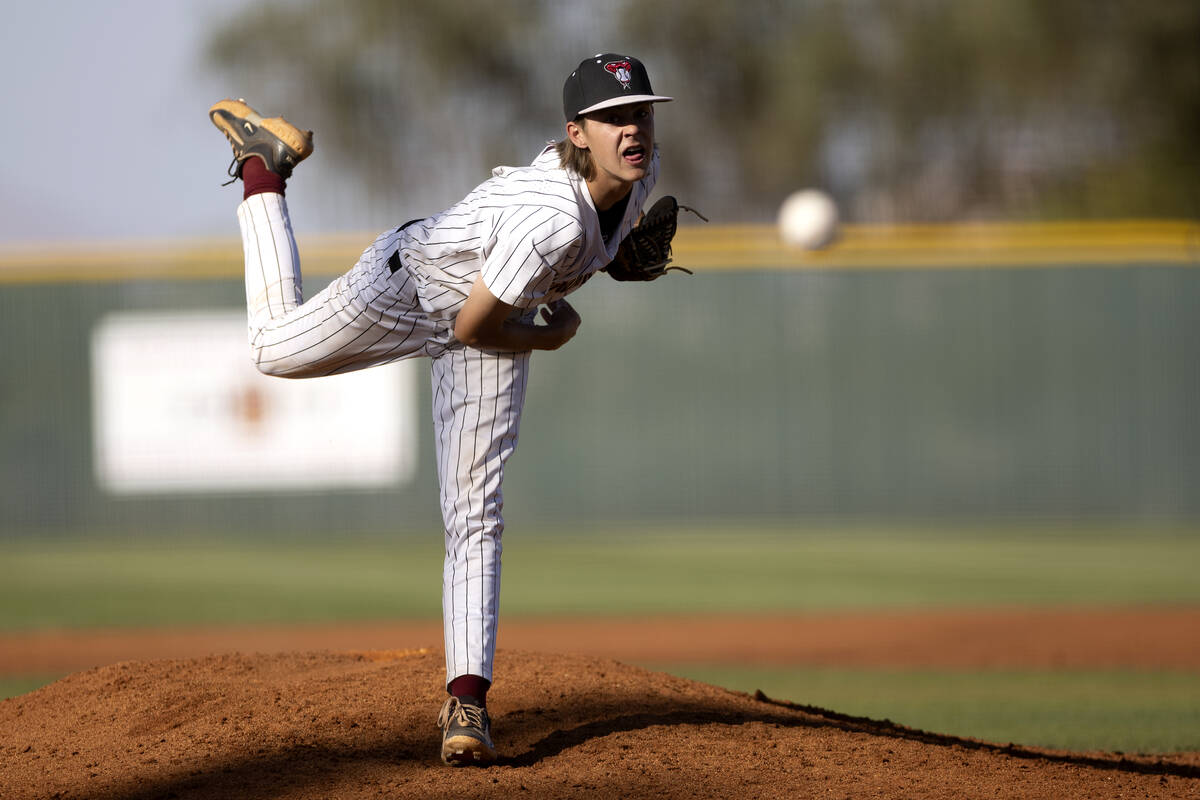 Desert Oasis pitcher Devyn Edwards throws to Basic during a high school Class 5A Southern Regio ...