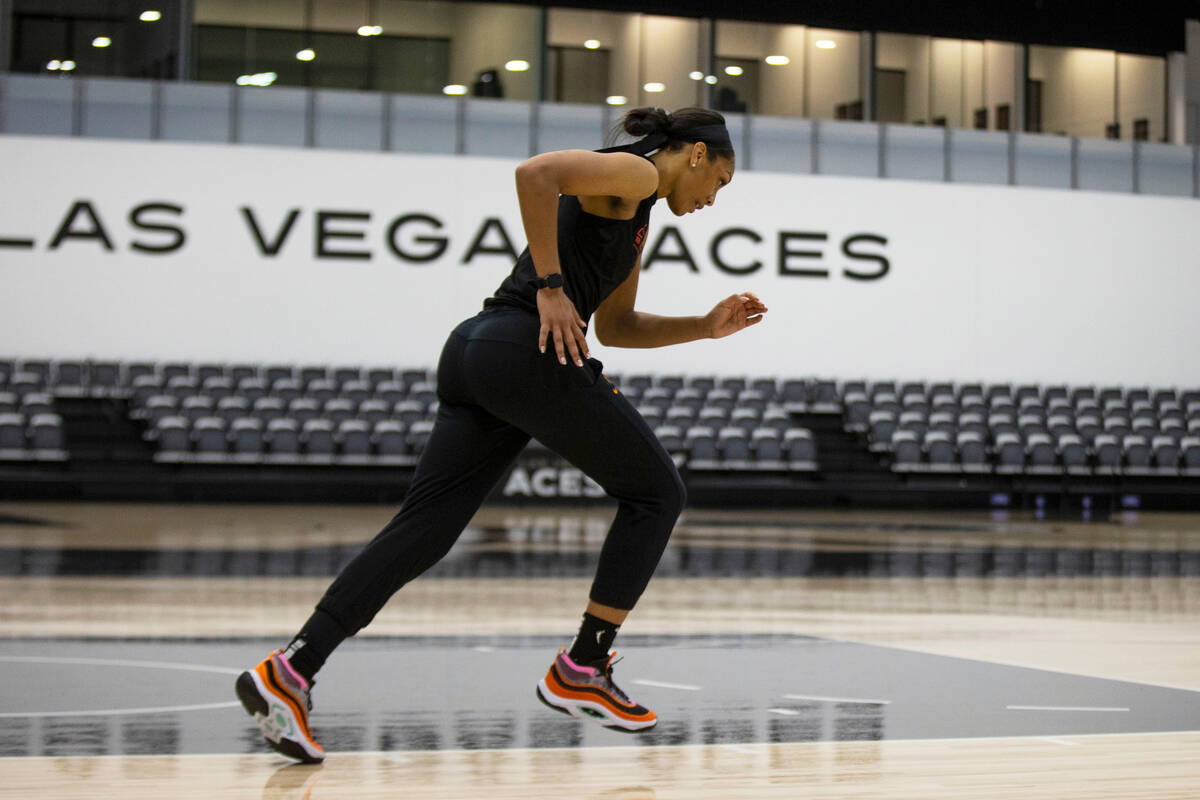 Las Vegas Aces forward A’ja Wilson runs during a team practice at their facility on Wedn ...