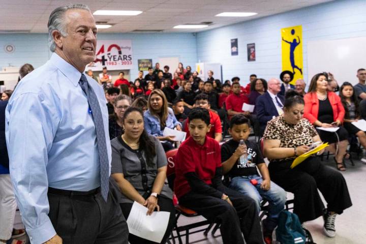 Gov. Joe Lombardo, arrives at Mountain View Christian School, to host a roundtable discussion w ...