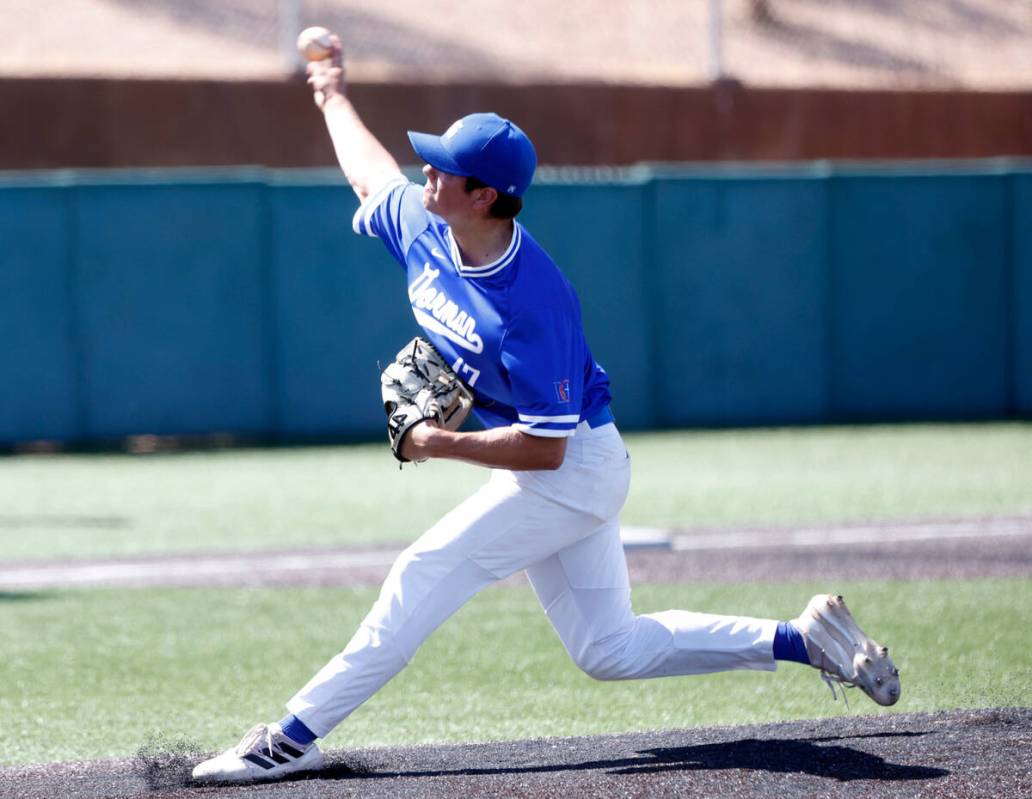 Bishop Gorman High's pitcher McKay Rowand delivers against Desert Oasis High during the high sc ...