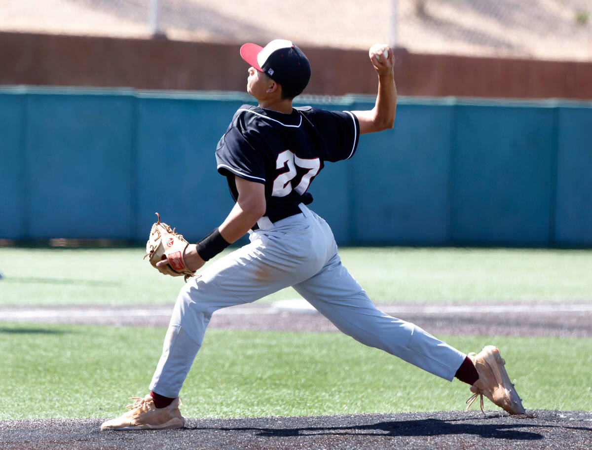 Desert Oasis High Brody Griffith delivers against Bishop Gorman High during the high school bas ...