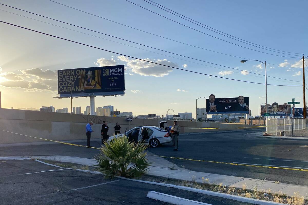 Police investigate a vehicle at University Center Drive and East Hacienda Avenue that was invol ...
