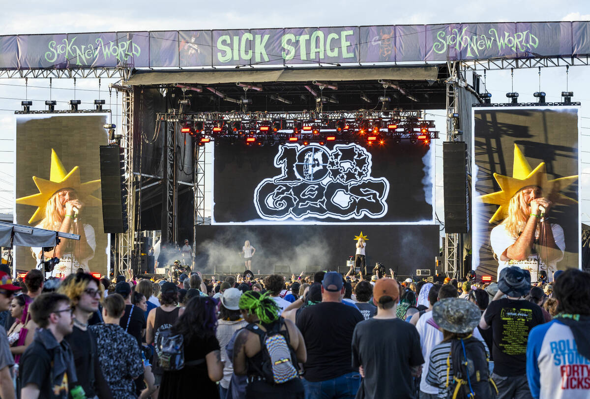 100 Gecs perform during the Sick New World festival at the Las Vegas Festival Grounds on Saturd ...