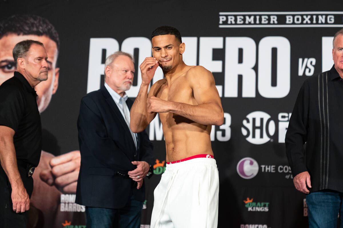 Rolando Romero poses after weigh-ins before his WBA junior welterweight title fight against Ism ...