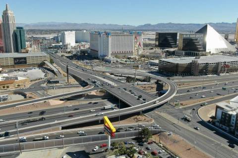 An aerial view of the interchange at Tropicana Avenue and Interstate 15 in Las Vegas, Nevada Tu ...