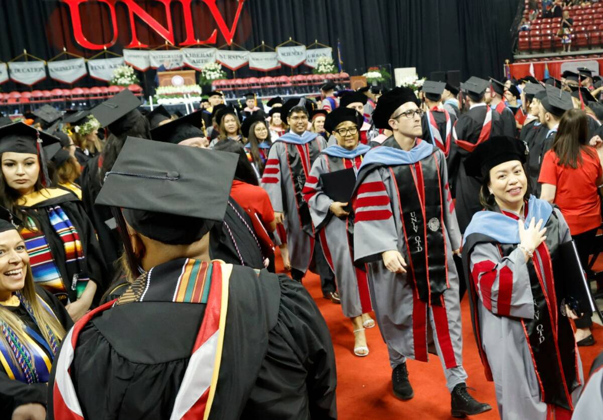 Graduates leave after UNLV commencement ceremony at Thomas and Mack Center, Friday, May 12, 202 ...