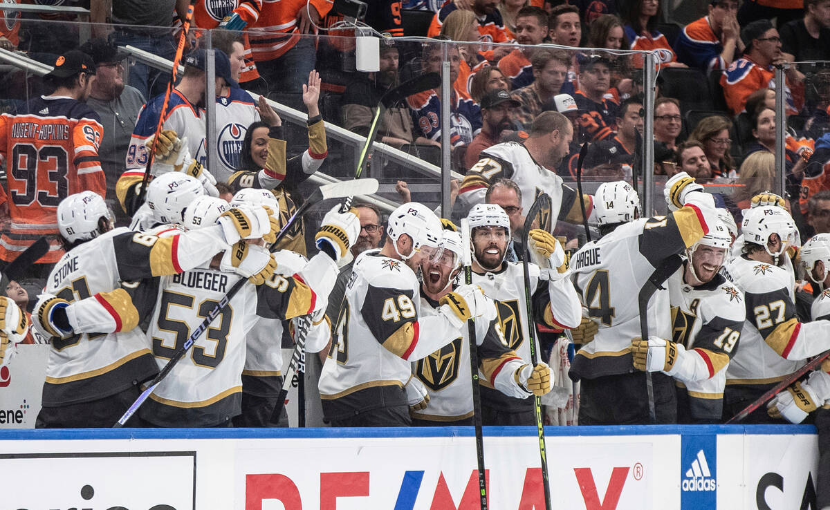 Vegas Golden Knights celebrate their win over the Edmonton Oilers in Game 6 of an NHL Stanley C ...