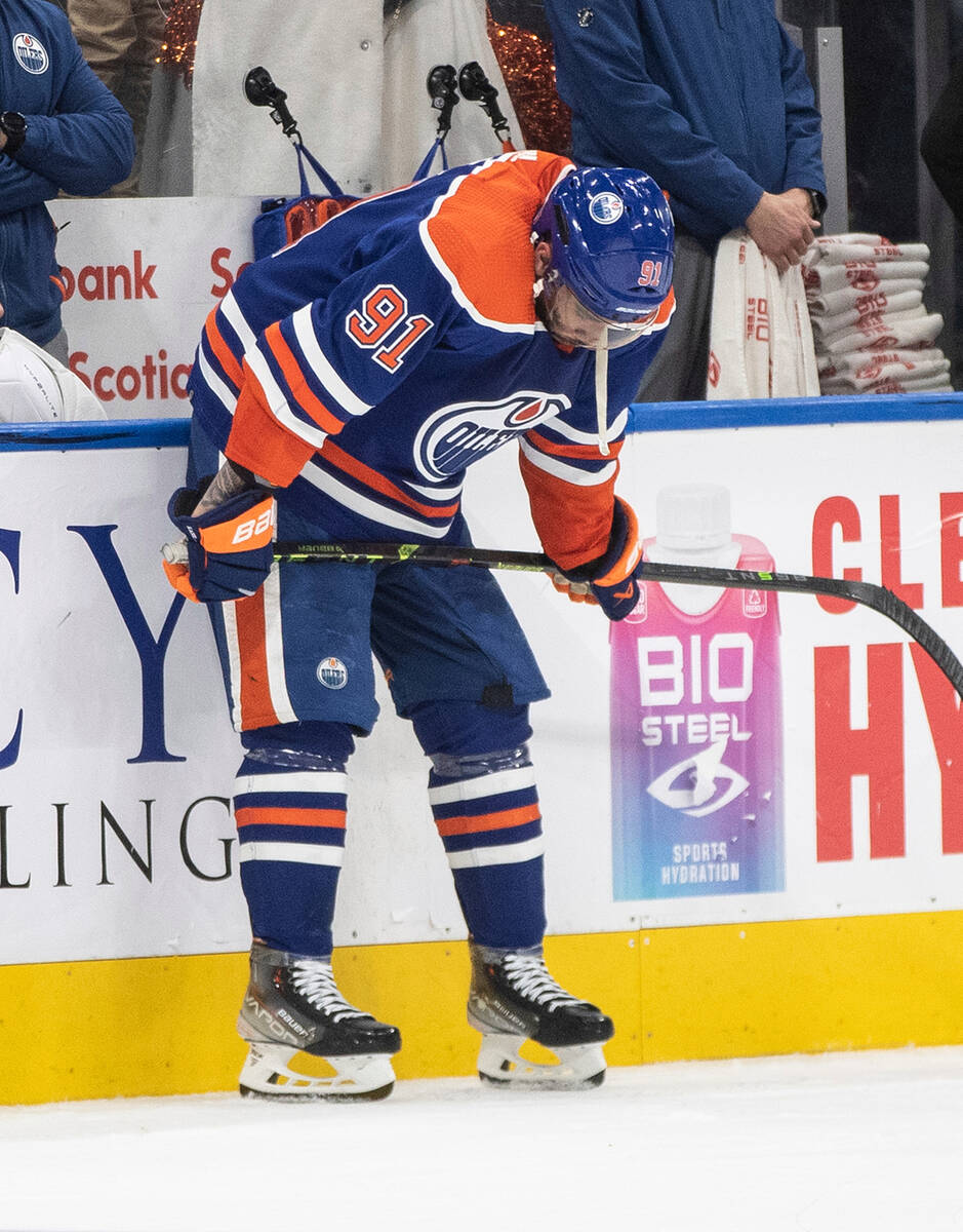 Edmonton Oilers' Evander Kane (91) reacts after losing to the Vegas Golden Knights during the t ...