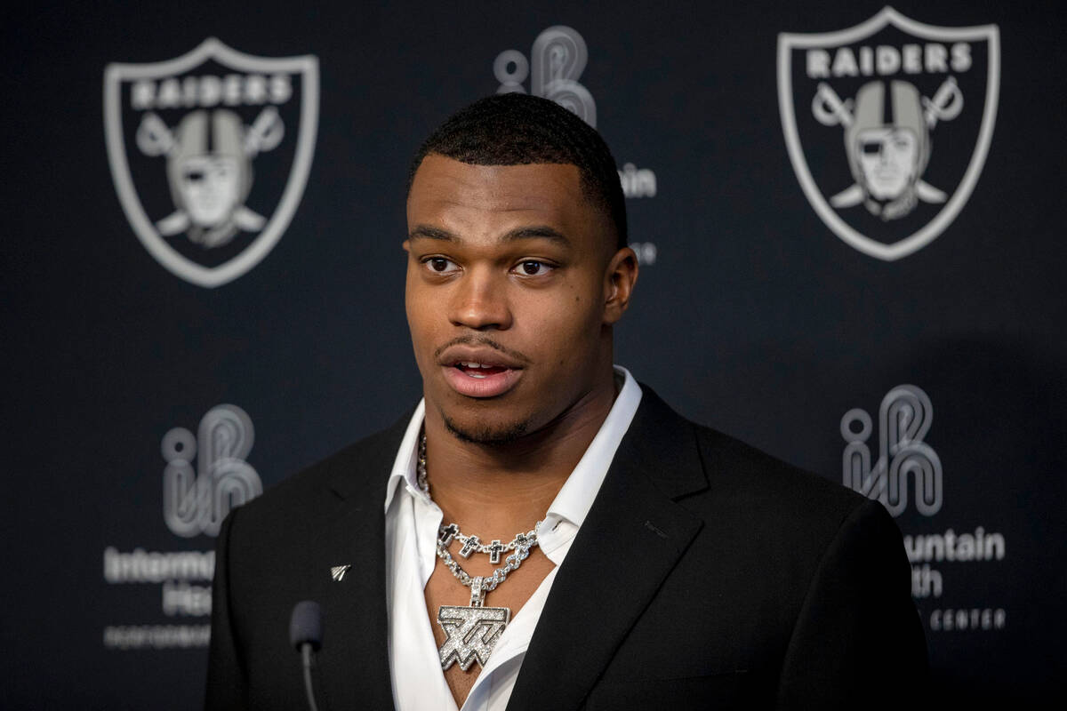 Raiders defensive end Tyree Wilson speaks during his introductory news conference at the Interm ...