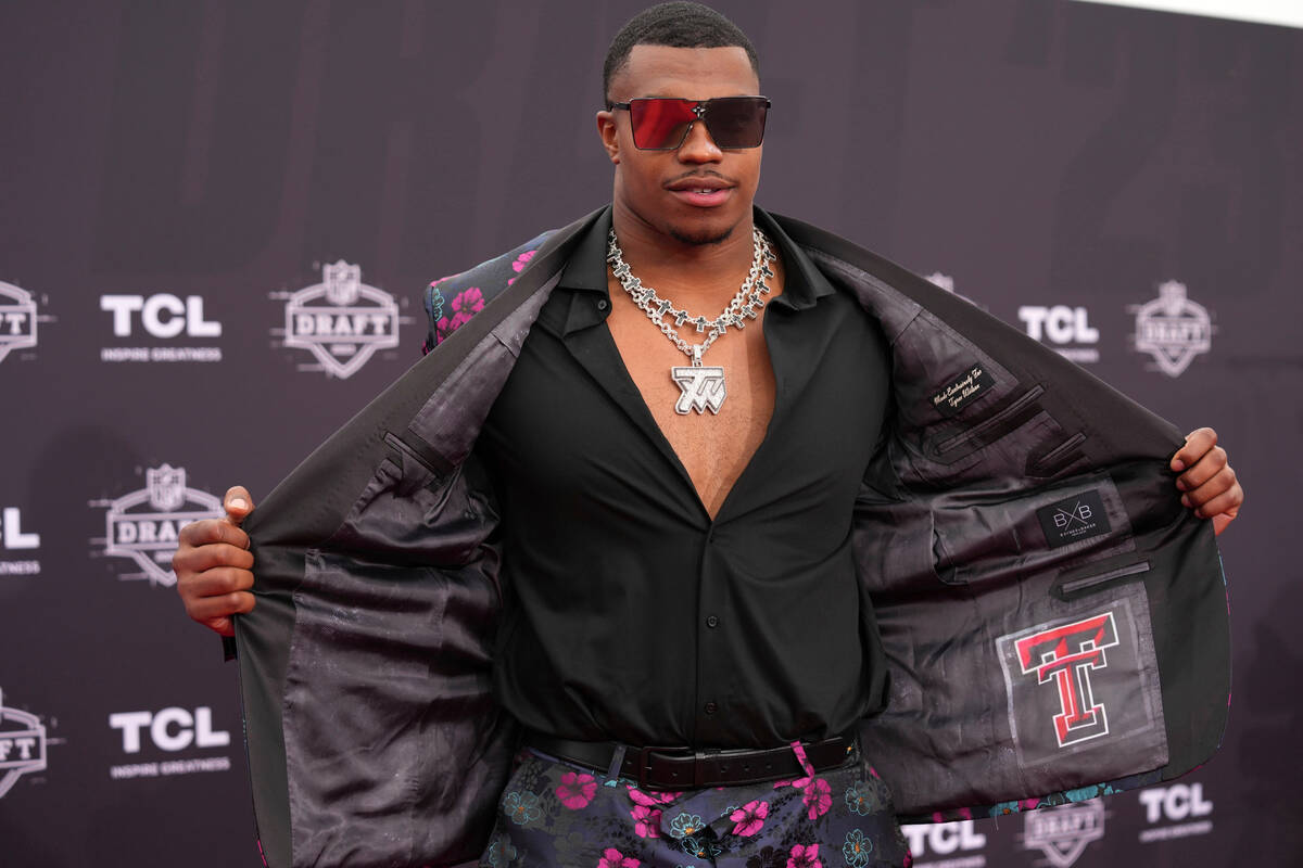 Texas Tech edge rusher Tyree Wilson poses on the NFL draft red carpet, Thursday, April 27, 2023 ...