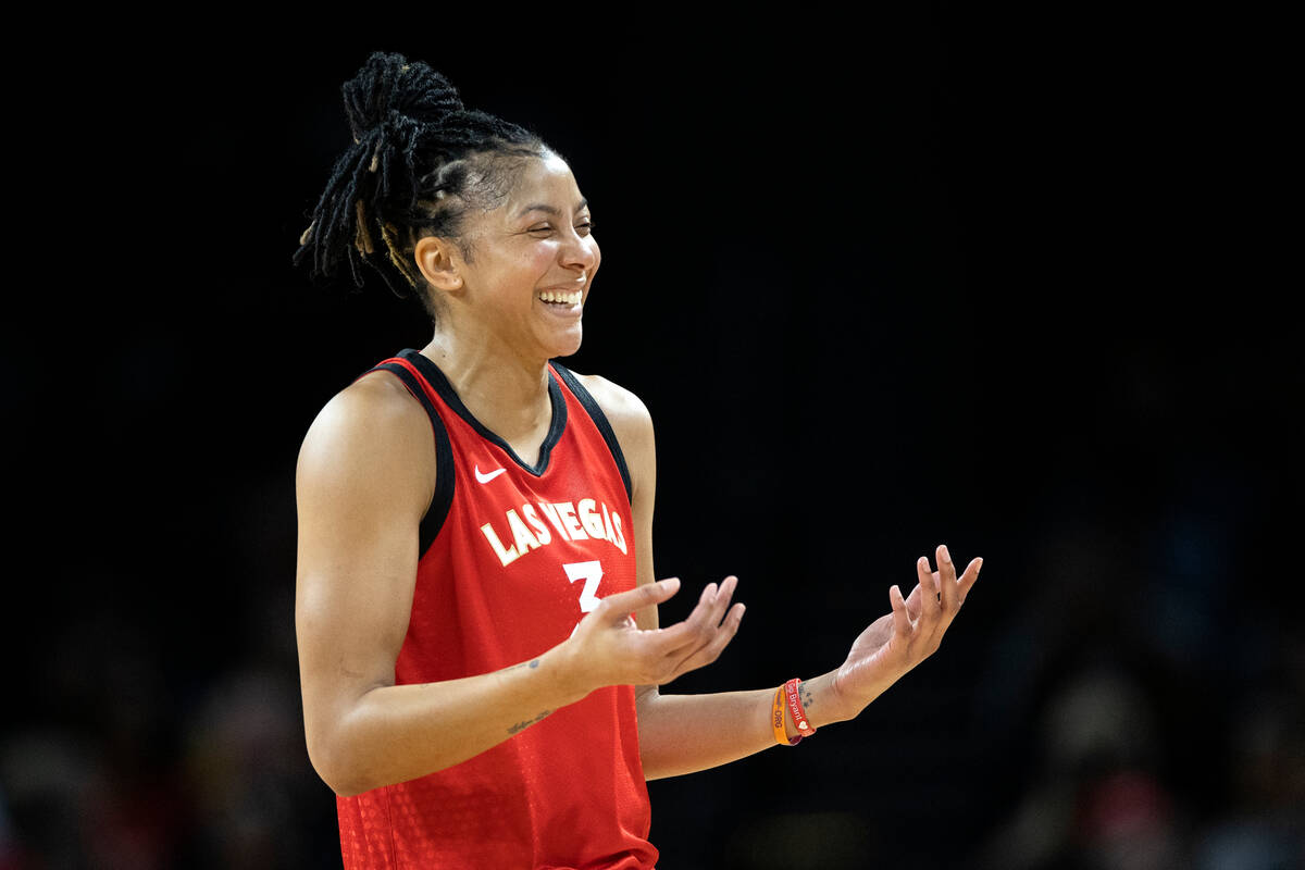 Aces forward Candace Parker (3) laughs while talking to a referee during the first half of a WN ...