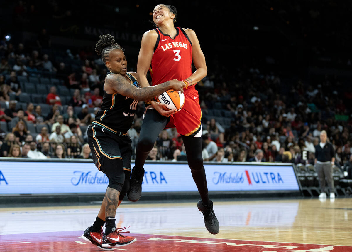 Aces forward Candace Parker (3) struggles for the ball with New York Liberty guard Epiphanny Pr ...