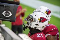 Arizona Cardinals cornerback Patrick Peterson (21) celebrates in front of the CBS camera during ...