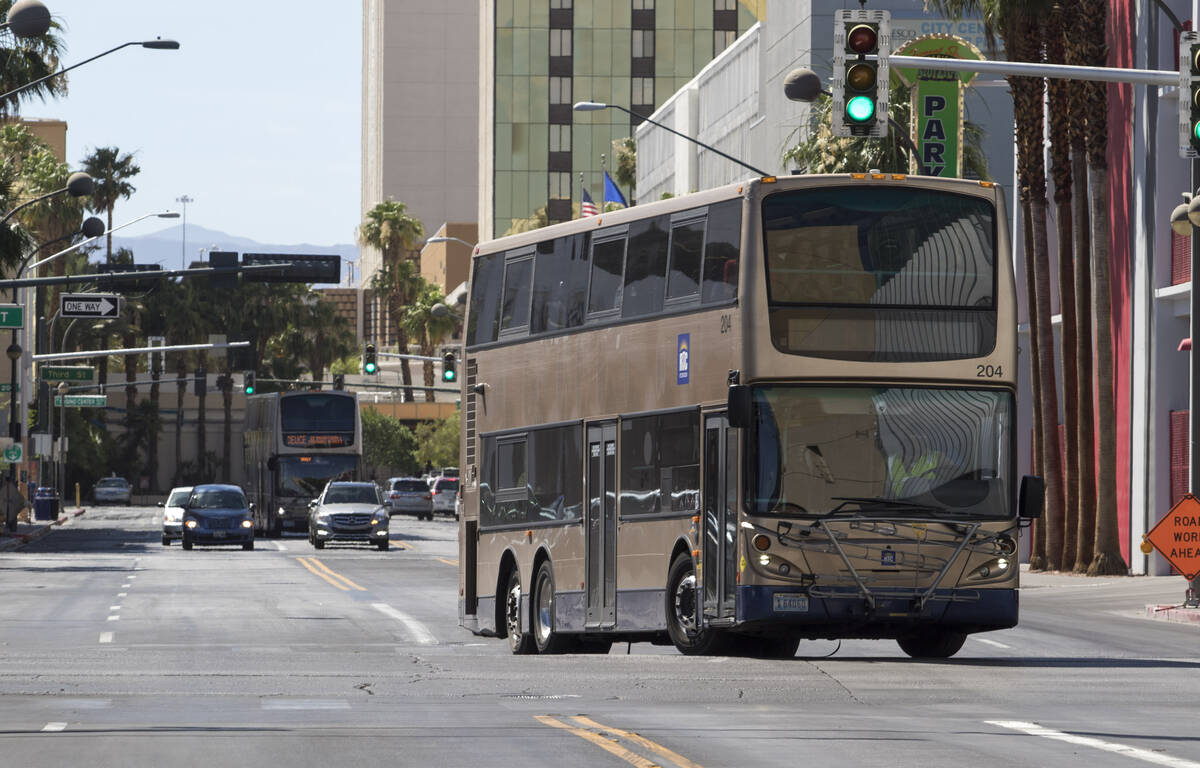 An RTC bus turns onto North Las Vegas Blvd. from E. Carson Ave. in downtown Las Vegas on Friday ...