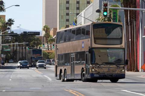 An RTC bus turns onto North Las Vegas Blvd. from E. Carson Ave. in downtown Las Vegas on Friday ...