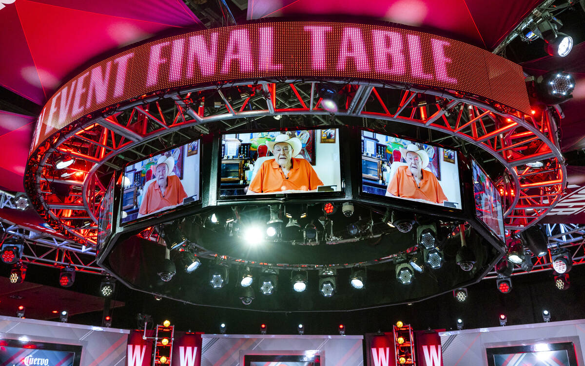 Legendary poker player Doyle Brunson gives a remote welcome to all during final table play at t ...
