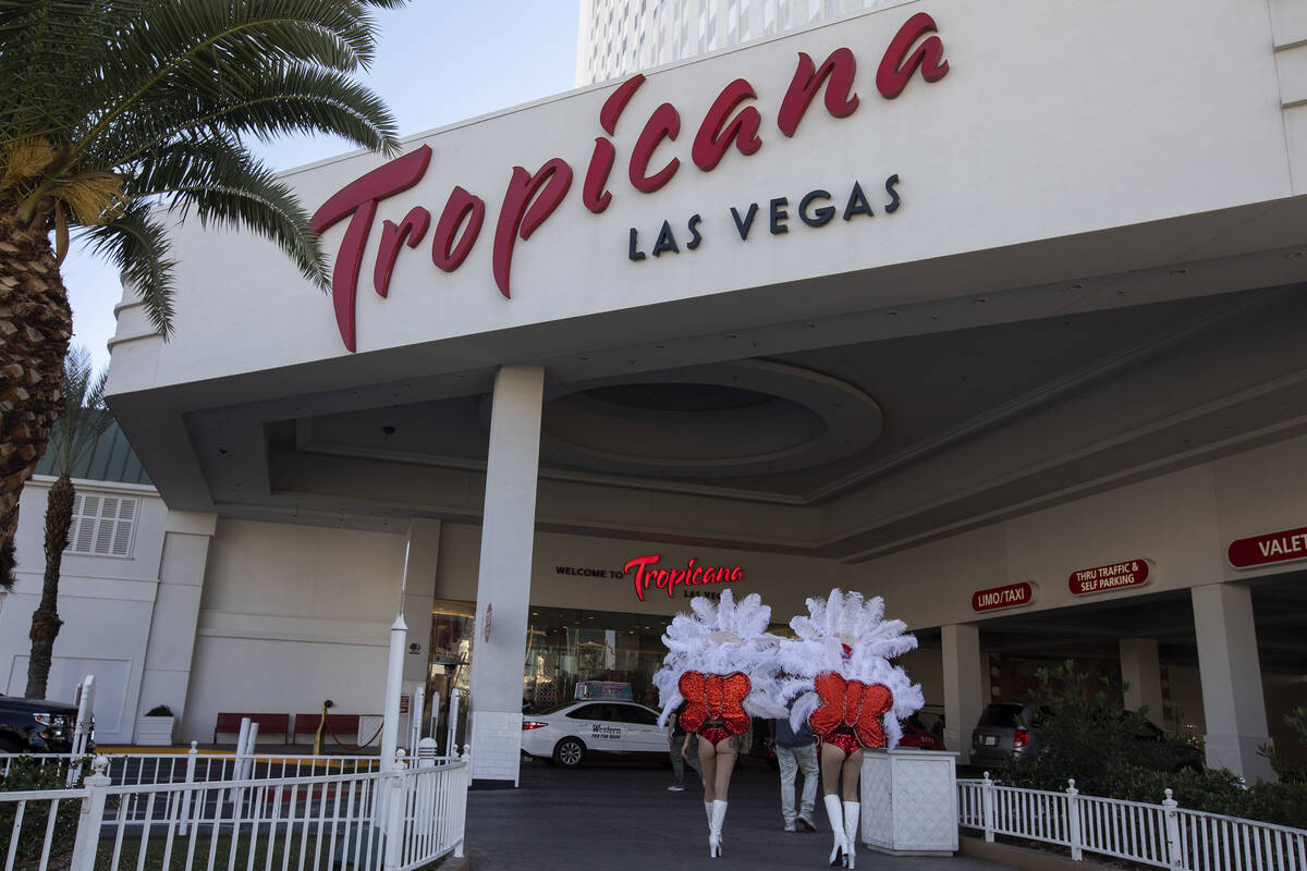 Show girls walk outside of Tropicana in February 2020 in Las Vegas. (Ellen Schmidt/Las Vegas Re ...