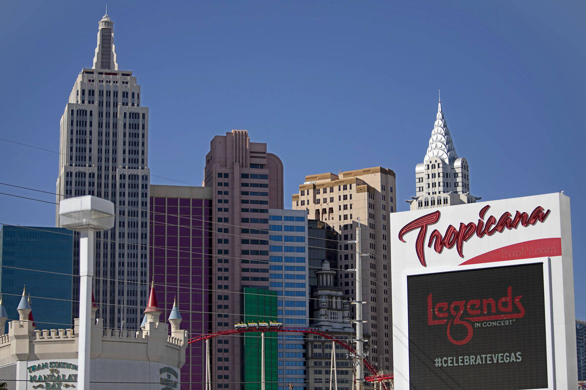 A Tropicana sign is seen in front of New York New York on the Strip on Wednesday, Feb. 19, 2020 ...