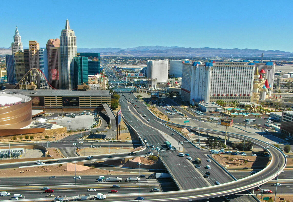 An aerial view of Tropicana Avenue and Interstate 15 in 2021. (Las Vegas Review-Journal)