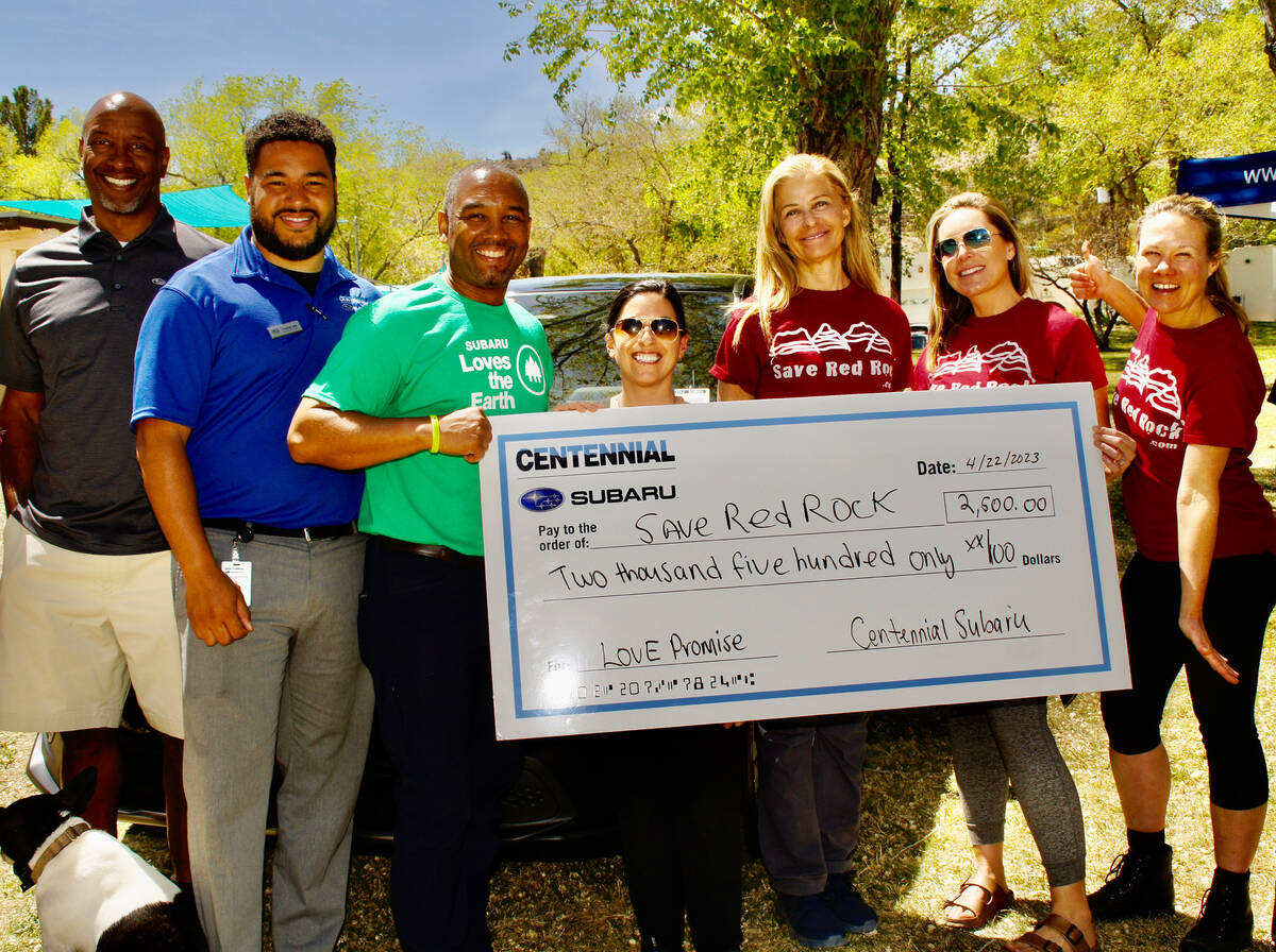 Presenting a check for $2,500 to Save Red Rock are, from left, Subaru Zone Training Manager Lan ...
