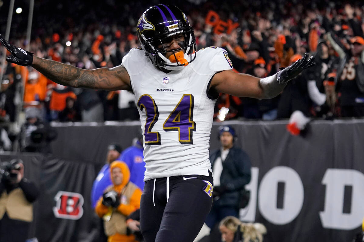 Baltimore Ravens cornerback Marcus Peters reacts to breaking up a pass intended for Cincinnati ...