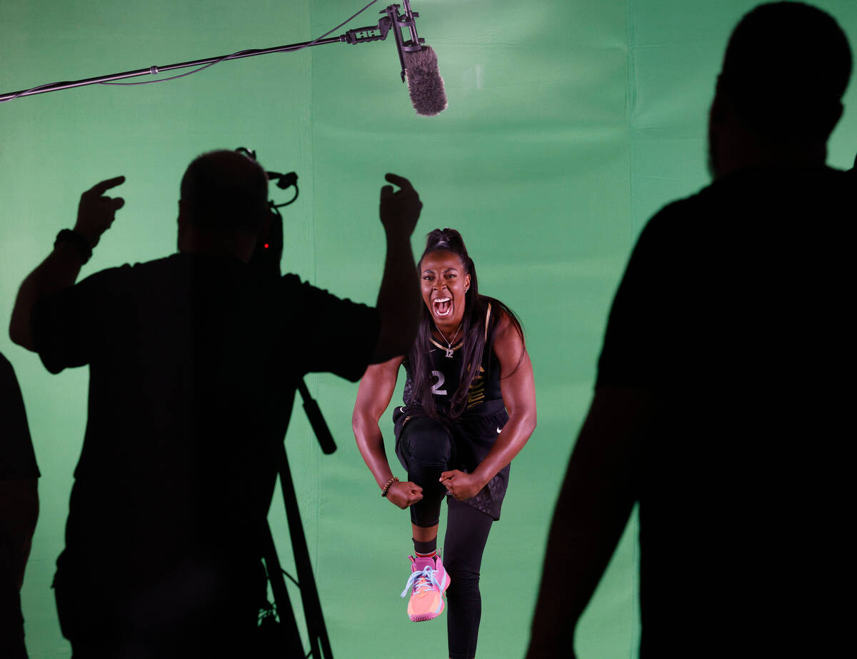 Las Vegas Aces guard Chelsea Gray performs during filming on their media day, Monday, May 15, 2 ...