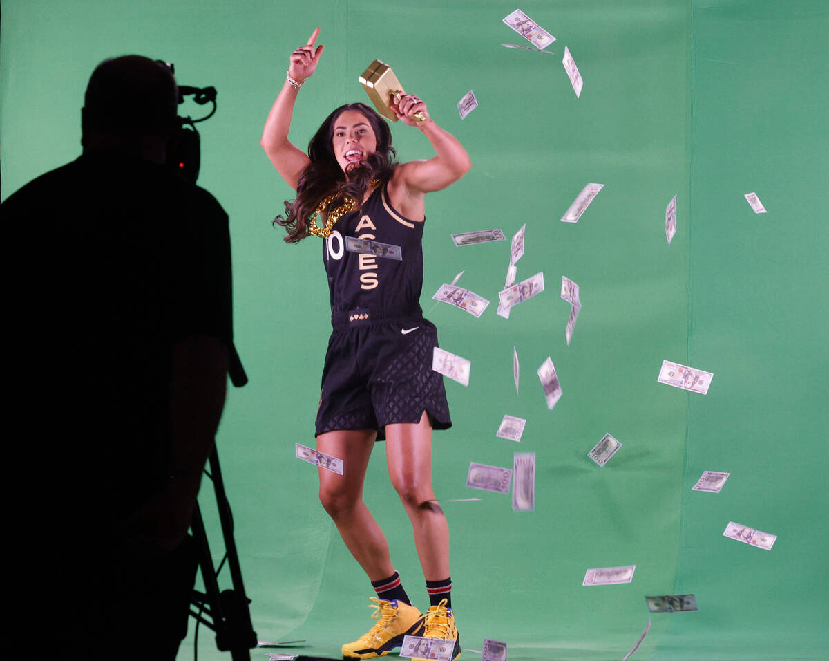 Las Vegas Aces guard Kelsey Plum performs during filming on their media day, Monday, May 15, 20 ...