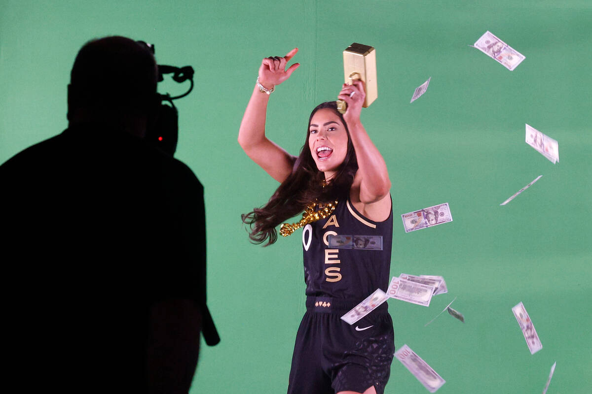 Las Vegas Aces guard Kelsey Plum performs during filming on their media day, Monday, May 15, 20 ...