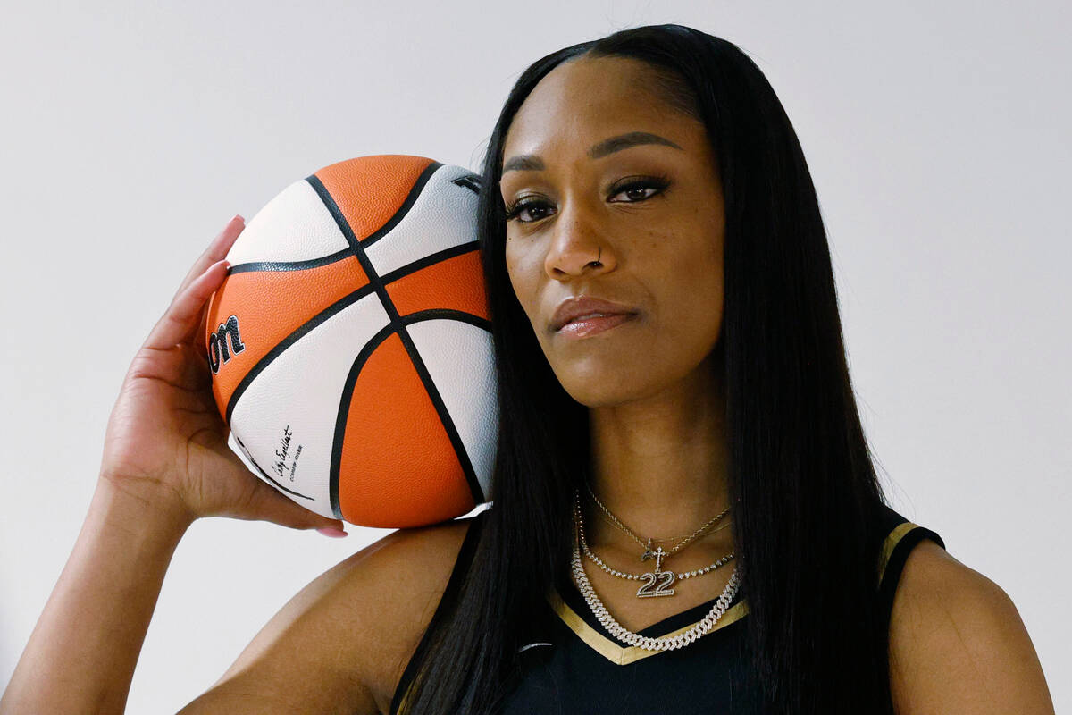 Las Vegas Aces forward A'ja Wilson poses for a photo during their media day, Monday, May 15, 20 ...