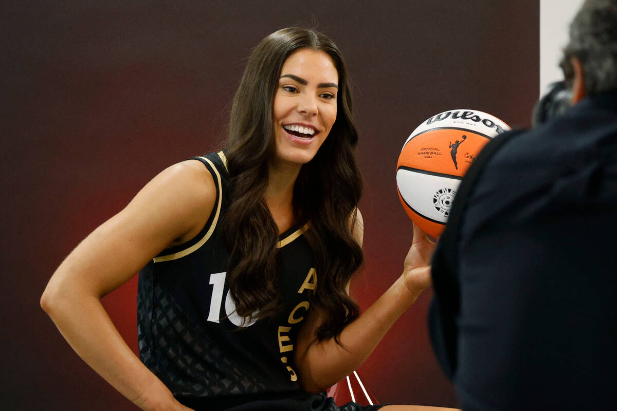 Las Vegas Aces guard Kelsey Plum poses for a photo during their media day, Monday, May 15, 2023 ...