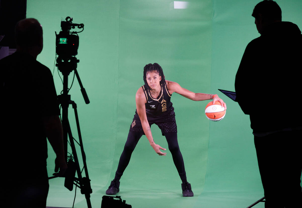 Las Vegas Aces’ Candace Parker performs during filming on their media day, Monday, May 1 ...