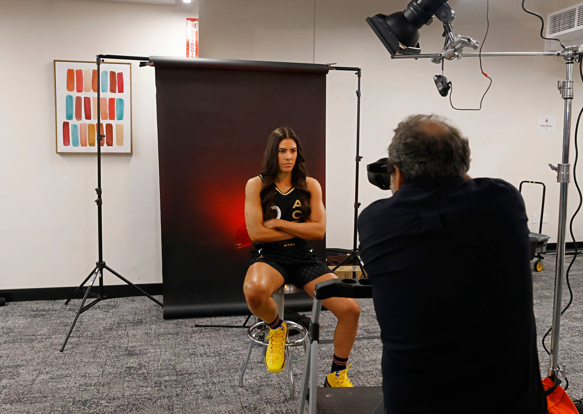 Las Vegas Aces guard Kelsey Plum poses for a photo during their media day, Monday, May 15, 2023 ...