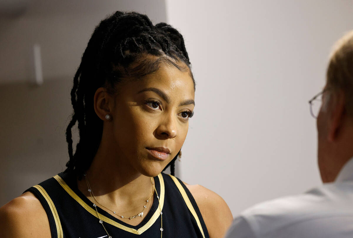 Las Vegas Aces’ Candace Parker talks to a reporter during their media day, Monday, May 1 ...