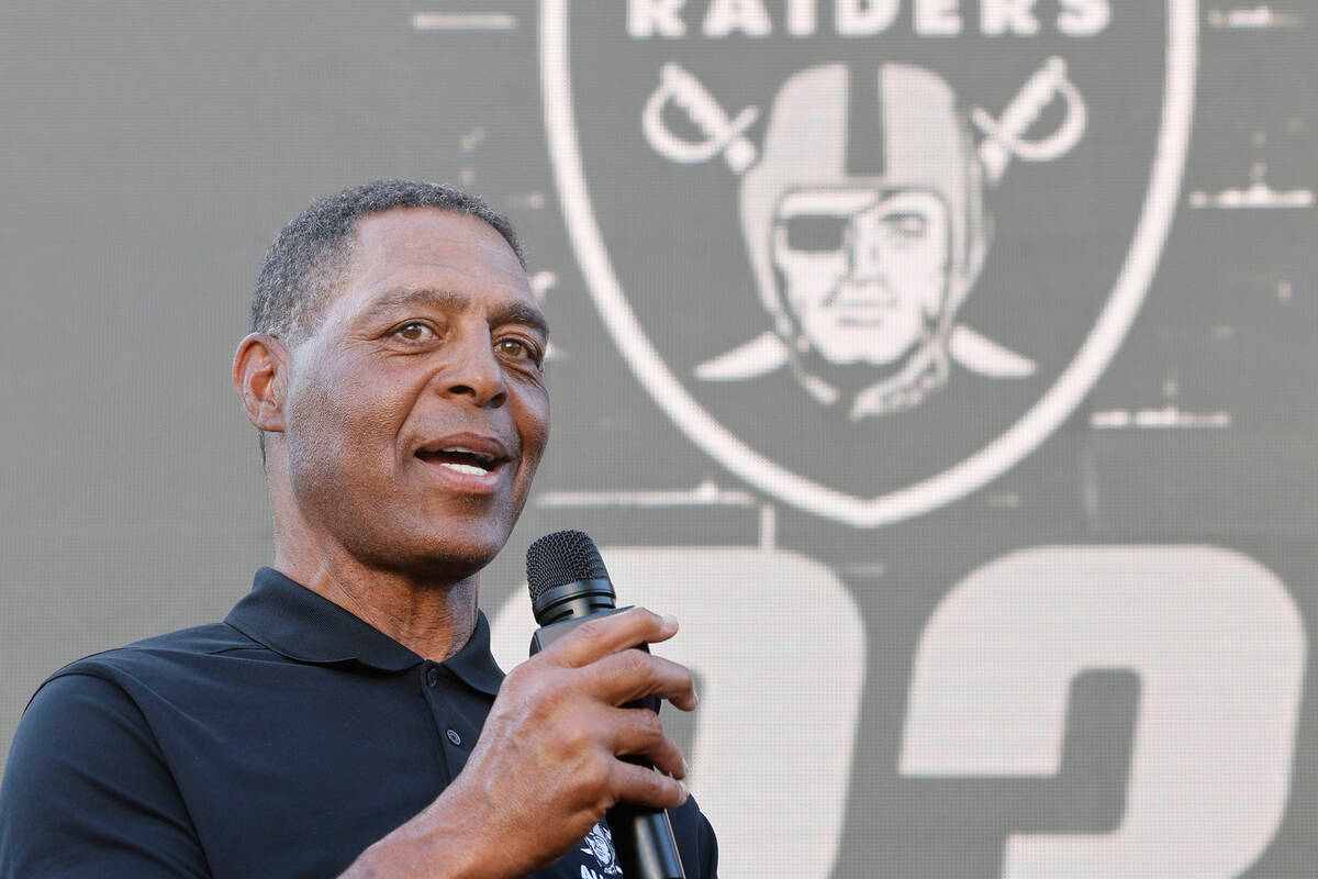 Raiders legend Marcus Allen speaks during an NFL football draft party, Thursday, April 27, 2023 ...