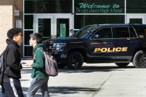 A CCSD police vehicle is seen at Desert Oasis High School in March 2022 in Las Vegas. (Bizuaye ...