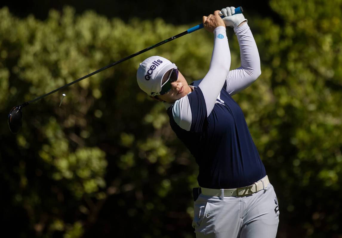 Eun-Hee Ji drives off the 6th tee during the final day of the Bank of Hope LPGA Match Playgolf ...