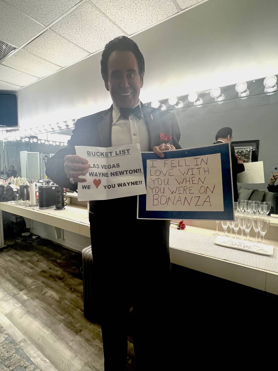 Wayne Newton is shown with signs given him by fans at the Flamingo on the Las Vegas Strip on Mo ...