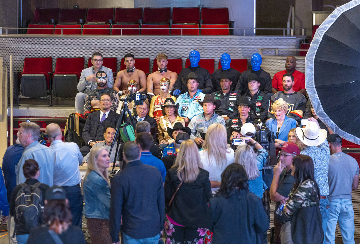 2022 NFR Champions gather to pose for a photo with Vegas icons and celebrities to celebrate the ...