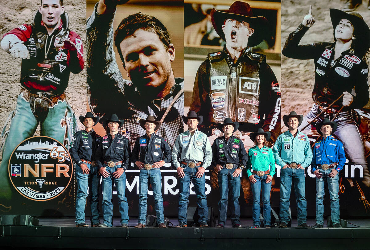 2022 NFR champions gather on stage at the Pearl Concert Theater at the Palms on Tuesday, May 16 ...