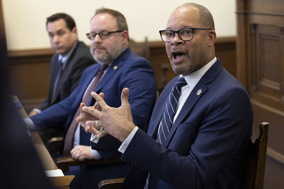 Nevada Attorney General Aaron Ford answers questions while Secretary of State Cisco Aguilar and ...