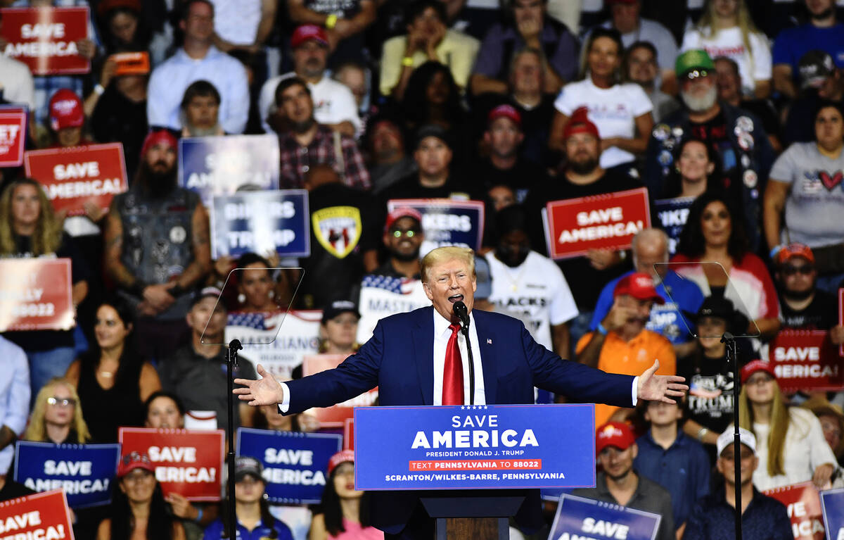 Former President Donald Trump speaks during a rally at the Mohegan Sun Arena in Wilkes-Barre To ...