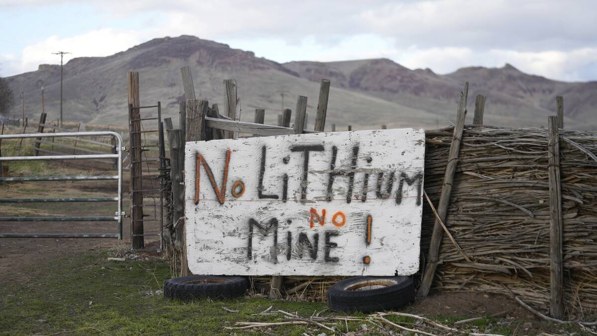 A "No Lithium No Mine" sign is displayed on April 24, 2023, on the Fort McDermitt Indian Reserv ...