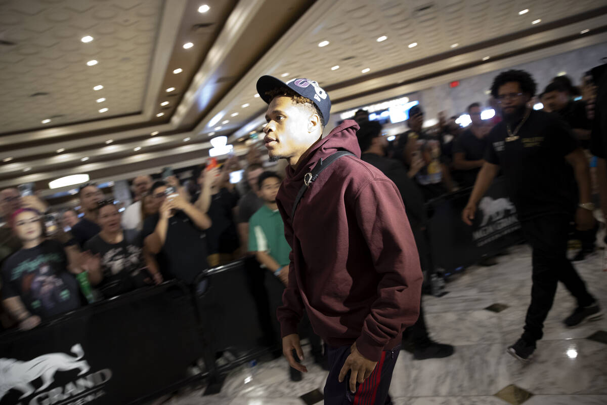 Devin Haney arrives to MGM Grand ahead of his Saturday night undisputed lightweight boxing titl ...