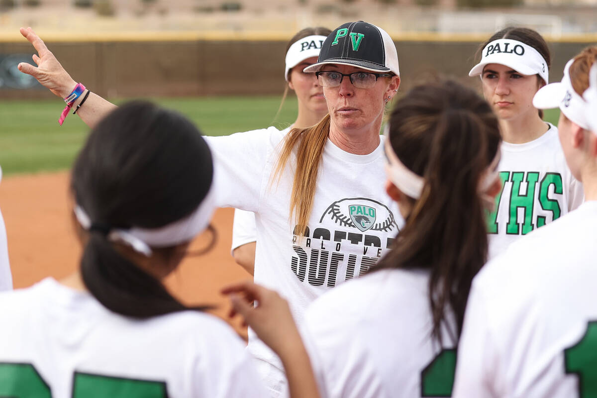Palo Verde head coach Kelly Glass tries to motivate her team during a girls high school softbal ...