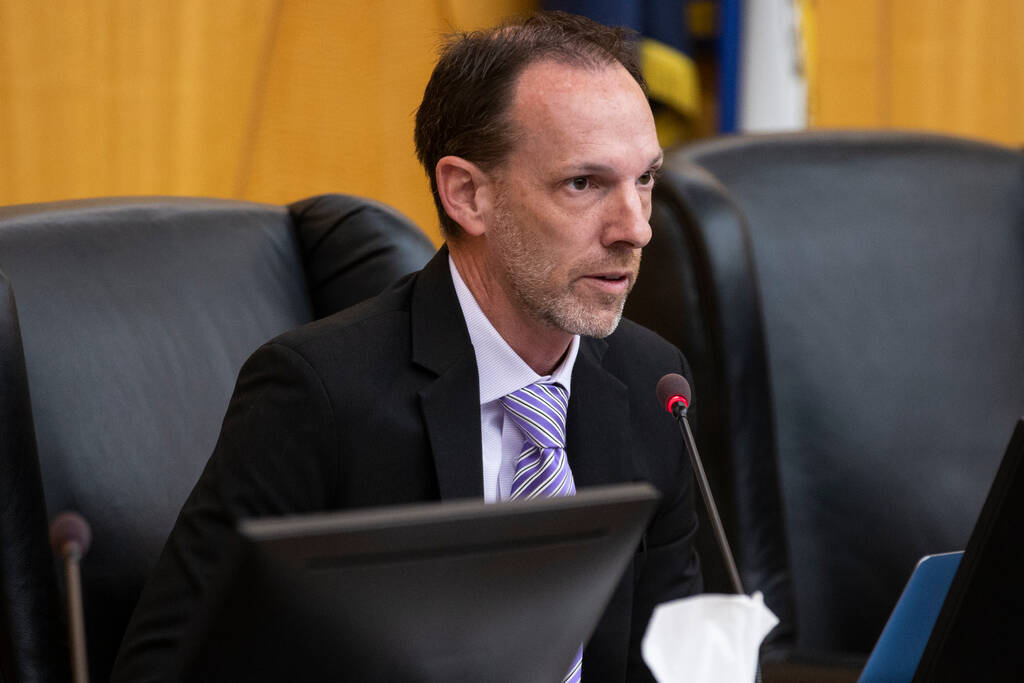 Clark County Commissioner Justin Jones participates in a commission meeting at the Clark County ...