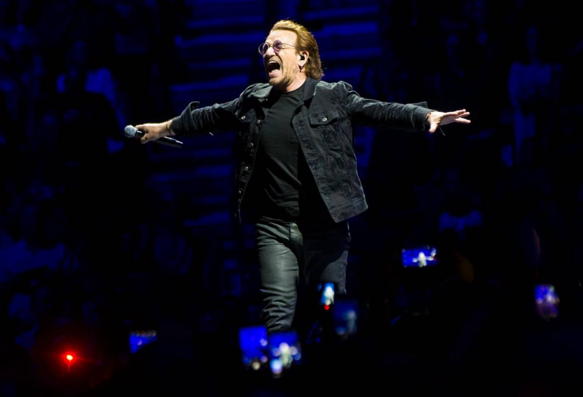 Bono of U2 performs at T-Mobile Arena in Las Vegas on Friday, May 11, 2018. Chase Stevens Las V ...