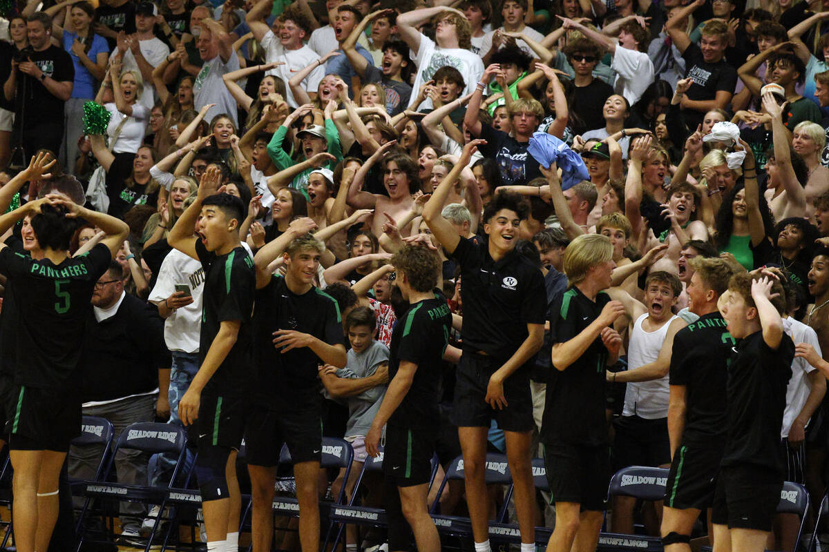 Palo Verde High School players and fans cheer during the fifth set in the Class 5A boys volleyb ...