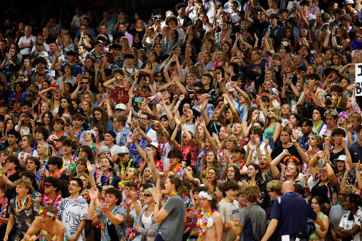 Shadow Ridge High School fans cheer during the fourth set in the Class 5A boys volleyball state ...